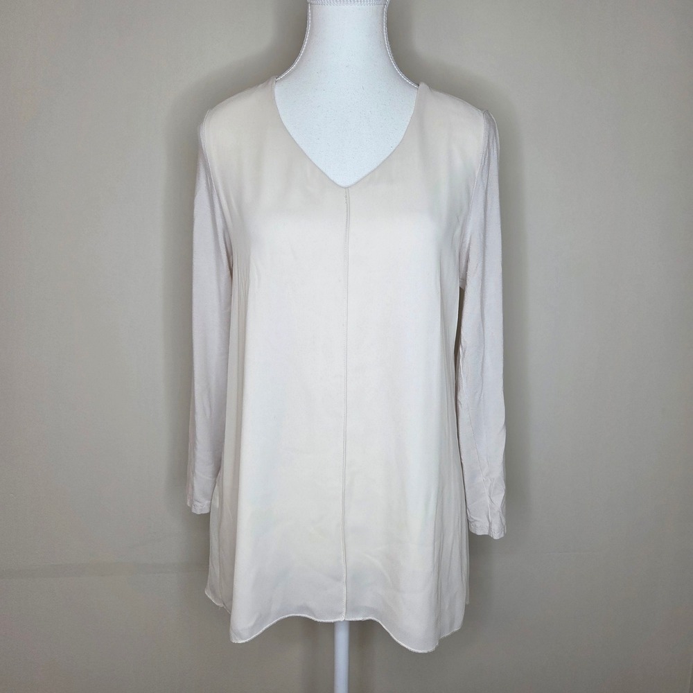 LYSSE Womens Beige V Neck Long Sleeve Tunic Top Size S‎ Modal Blend